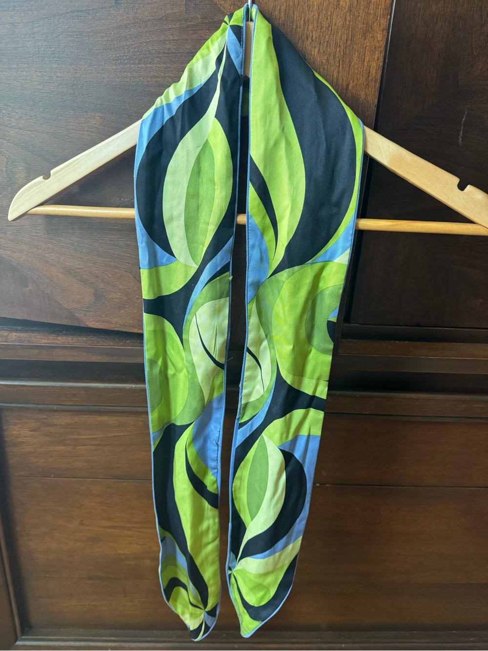 Y2K Silk Green & Blue Patterned Scarf Bag Tie Hair Tie Belt